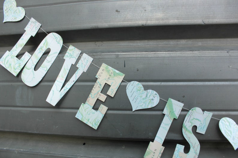 Love Is An Adventure Banner, Made from Map pages, Paper Garland, Wedding Decoration, Engagement Party Bild 4