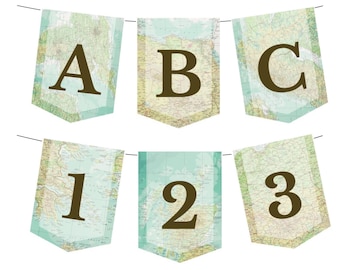 Atlas Karte Banner zum ausdrucken, Alphabet und Zahlen, DIY Banner zum selber machen (Digitaler Download)