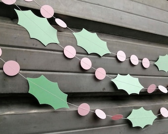 Pastel Holly Garland, Paper Garland, Christmas Decoration, Christmas Garland, Holiday Decorations, Holly Leaves, 10 feet long