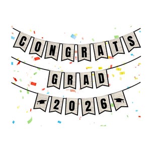 Może przedstawiać: Baner z okazji ukończenia szkoły z napisem "CONGRATS GRAD 2026" na chorągiewkach. Chorągiewki wykonane są z materiału przypominającego gazetę i połączone czarnym sznurkiem. Kolorowe konfetti rozrzucone wokół banera.