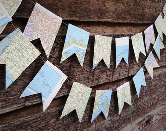 Décoration de fête avec guirlande de carte, fête de bon voyage sur le thème du voyage, guirlande en papier fabriquée à partir de pages de carte, 1,8 m de long