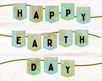 Happy Earth Day Banner: Vintage Atlas-Girlande (Digitaler Download, PDF Nur)