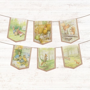 May include: A decorative banner featuring six pennants with illustrations of woodland creatures. Each pennant has a burlap-style border and depicts scenes with rabbits, squirrels, and a fox in a forest setting. The banner is strung on a thin brown cord.