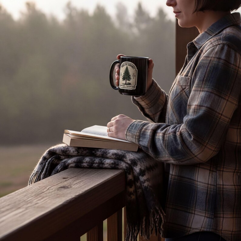 A person is sitting on a wooden railing, holding a mug with a tree design and reading a book.