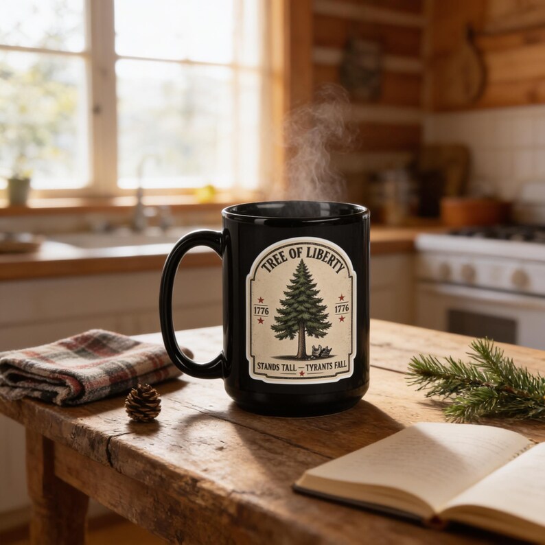 A black mug with a label that reads "TREE OF LIBERTY" sits on a wooden table, with a pine branch and a book nearby.