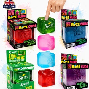 May include: A collection of Nee Doh Nice Cube sensory toys in various translucent colours including green with a Sprite logo, pink, blue, and red. Each cube is packaged in a branded box with the text Nee Doh Nice Cube and Super Solid Squish.