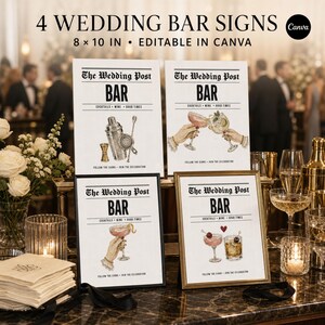 Può includere: Quattro cartelli per bar di nozze da 20x25 cm con sfondo bianco e testo nero che recita The Wedding Post BAR. Ogni cartello presenta illustrazioni diverse: uno shaker, mani che brindano, una mano che regge un cocktail e due bicchieri.