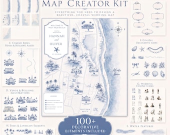 Wedding Map kit Coastal Design Invitation, Editable Beach Template, Digital Download