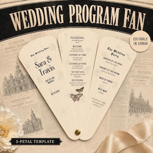 May include: A three-petal wedding program fan template featuring cream-colored cardstock with black text and butterfly illustrations. The text includes names Sara and Travis, a wedding date of 09.18.2026, ceremony order, and wedding party members.