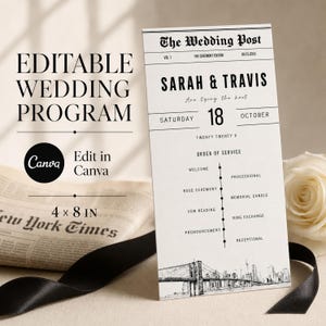 May include: A vertical wedding program card styled like a newspaper titled The Wedding Post, featuring the names Sarah & Travis, the date Saturday 18 October, and an order of service list. The card includes a black and white city skyline illustration.