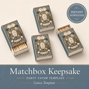 May include: Four rectangular matchboxes featuring a vintage-style blue and gold ornate frame design with the text A PERFECT MATCH, the initials H & Q, and the date 09.03.2026. Some boxes are open, revealing wooden matches inside. Includes an INSTANT DOWNLOAD badge.
