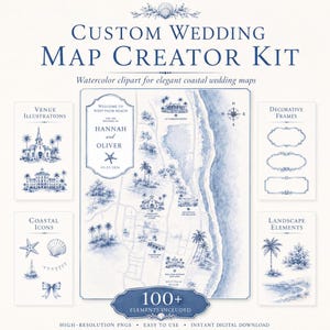 Wedding Map kit Coastal Design Invitation, Editable Beach Template, Digital Download