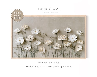 Ivory Cosmos Blooms Frame TV Art | Neutral White Floral Impasto Oil Painting (Digital Download)