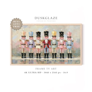 May include: A digital oil painting print titled DUSKGLAZE featuring seven nutcracker figures in a row, each wearing a different colored uniform including pink, blue, cream, and red, with black boots and hats, displayed in a light wood frame for a TV.
