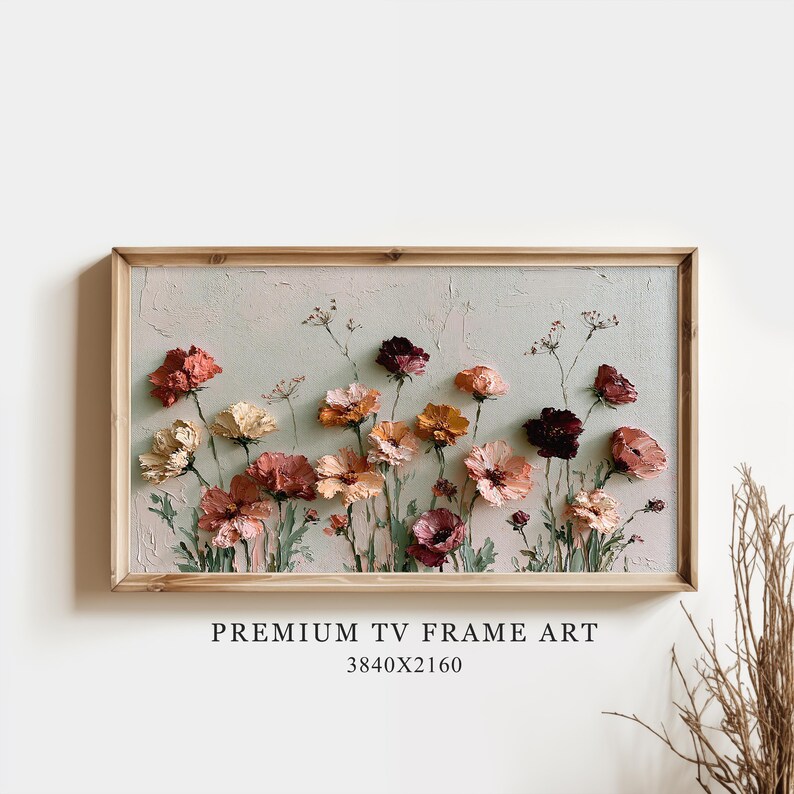 May include: A rectangular wall art piece in a light wood frame featuring a textured painting of various flowers in shades of pink, orange, red, and cream against a pale background. The text "PREMIUM TV FRAME ART 3840X2160" is printed below.