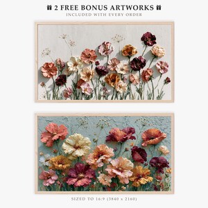 May include: Two rectangular framed digital art prints featuring textured floral arrangements. The top print displays flowers in shades of pink, orange, and deep red on a cream background. The bottom print shows similar flowers on a light blue background.