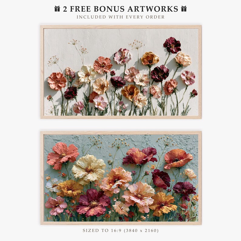 May include: Two rectangular framed digital art prints featuring textured floral arrangements. The top print displays flowers in shades of pink, orange, and deep red on a cream background. The bottom print shows similar flowers on a light blue background.