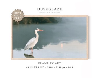 Heron Frame TV Art, Misty Morning Oil Painting, Moody Vintage Screensaver, Lake House Wall Decor, Farmhouse Bird Art (Digital Download)