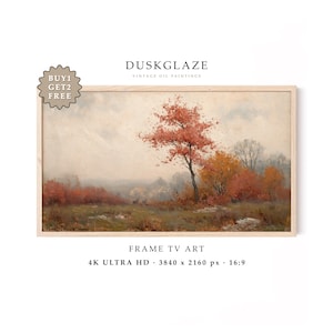 May include: A landscape oil painting in a light wood frame depicting an autumn scene with red and orange trees, a grassy field, and a cloudy sky. Text includes DUSKGLAZE VINTAGE OIL PAINTINGS, BUY 1 GET 2 FREE, FRAME TV ART, 4K ULTRA HD, 3840 x 2160 px, 16:9.