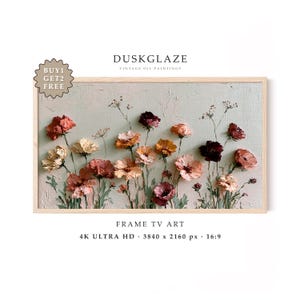 May include: A digital oil painting for a TV screen featuring a field of textured flowers in shades of peach, cream, and deep burgundy against a pale sage background. The text DUSKGLAZE VINTAGE OIL PAINTINGS, FRAME TV ART, 4K ULTRA HD 3840 x 2160 px 16:9 is visible.