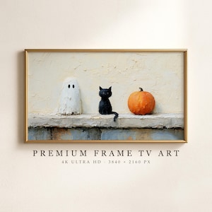 Cute Halloween Frame TV Art, Ghost Black Cat & Pumpkin, Textured Oil Painting, Spooky Fall Screensaver (Digital Download)