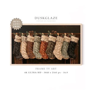 May include: Digital artwork for a frame TV titled DUSKGLAZE VINTAGE OIL PAINTINGS, featuring a row of nine textured, cable-knit Christmas stockings with cream-colored cuffs hanging from a wooden mantelpiece against a dark background.