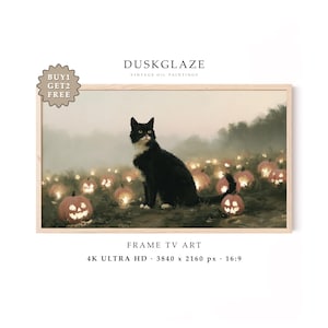 Black Cat Halloween Frame TV Art, Glowing Pumpkin Patch Oil Painting, Misty Fall Screensaver, Vintage Cat Wall Decor (Digital Download)