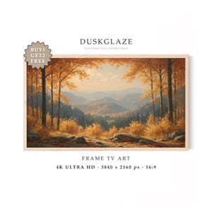 Op de afbeelding: Een digitaal landschapsschilderij in een lichthouten lijst met een herfstbos met gouden bomen, een rotsachtige voorgrond en verre bergen. Tekst: DUSKGLAZE VINTAGE OIL PAINTINGS, BUY 1 GET 2 FREE, FRAME TV ART, 4K ULTRA HD, 3840 x 2160 px, 16:9.
