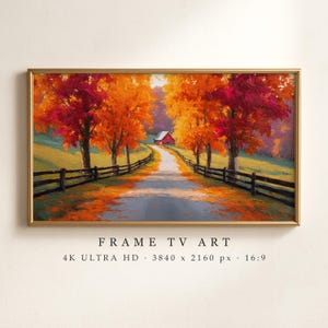 Quadro per TV "Autumn Country Lane": dipinto ad olio di un fienile rosso in autunno, decorazioni rustiche con aceri, tema Ringraziamento, compatibile con Samsung Frame TV (download digitale)