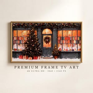 Cuadro decorativo navideño para TV: Escaparate nevado con árbol de Navidad y regalos, pintura al óleo, Samsung Frame TV (descarga digital).