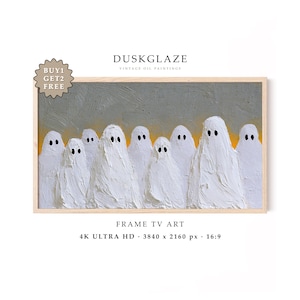 May include: A digital oil painting for a television screen featuring a group of white ghosts with black eyes against a textured gray and yellow background. The artwork is labeled DUSKGLAZE VINTAGE OIL PAINTINGS and FRAME TV ART 4K ULTRA HD 3840 x 2160 px 16:9.