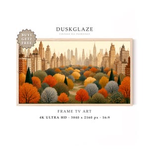 May include: A digital landscape painting of a city skyline behind a park with autumn trees in shades of orange, red, and green. The artwork is displayed in a light wood frame with text above and below, including DUSKGLAZE, BUY 1 GET 2 FREE, and 4K ULTRA HD 3840 x 2160 px 16:9.