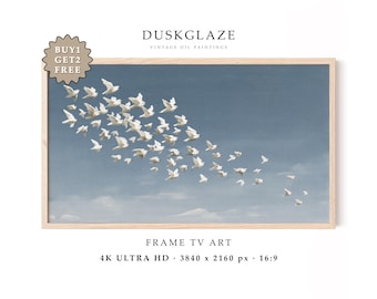 Birds in Flight Frame TV Art, Grandmillennial Blue Sky, Vintage Oil Painting, Samsung Screensaver, Coastal Seagulls (Digital Download)