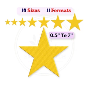 May include: A collection of yellow five-pointed stars in various sizes, ranging from 0.5 inches to 7 inches. The image includes text stating 18 Sizes, 11 Formats, and 0.5 inches to 7 inches, indicating the available options for these star shapes.