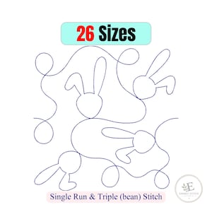 May include: A digital embroidery design featuring a continuous line pattern with four rabbit head outlines connected by swirling loops. The text 26 Sizes appears at the top, and Single Run & Triple (bean) Stitch is at the bottom.