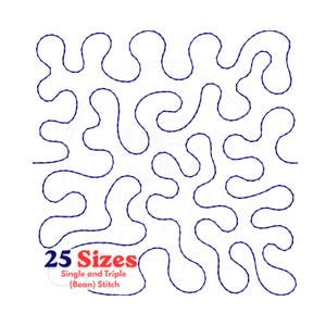 May include: A digital embroidery design featuring a continuous dark blue stippling pattern of meandering, interconnected loops. The text at the bottom left reads 25 Sizes, followed by the text Single and Triple (Bean) Stitch in red and black.