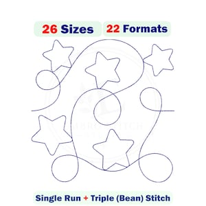 May include: A digital embroidery design featuring a continuous line pattern with swirling loops and five-pointed stars. The text 26 Sizes and 22 Formats appears at the top, with Single Run + Triple (Bean) Stitch printed at the bottom.