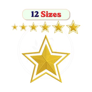 Può includere: Un disegno per ricamo digitale che presenta una grande stella dorata con un bordo a doppia linea. Sopra la stella, una fila di sei stelle dorate più piccole è disposta in ordine di grandezza crescente. Il testo 12 Sizes è in blu e rosso.