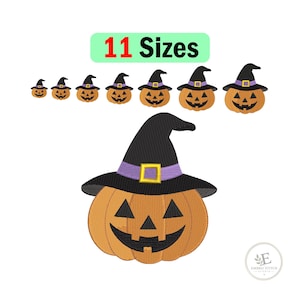 May include: An embroidery design featuring a jack-o'-lantern wearing a black witch hat with a purple band and yellow buckle. The image displays seven variations of the pumpkin in different sizes and includes the text 11 Sizes at the top.