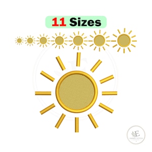 May include: An embroidery design featuring a large golden sun with a textured circular center and radiating rays. Above the sun, seven smaller versions of the same sun design are displayed in a row. The text 11 Sizes is printed in red and black.