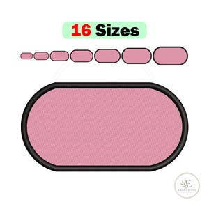 Puede incluir: Un diseño de bordado digital que presenta una gran forma ovalada rosa con un borde negro grueso. Sobre la forma principal, se muestra una fila de siete óvalos rosas más pequeños con bordes negros, junto al texto 16 Sizes en rojo y negro.