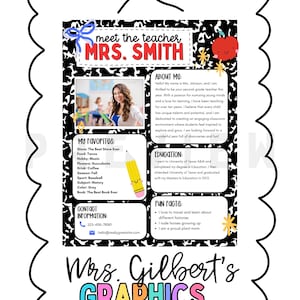 May include: A meet the teacher flyer template with a black and white composition notebook pattern background. It features sections for about me, favorites, education, and fun facts, decorated with a blue bow, a red apple, and a yellow pencil.