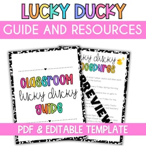 Op de afbeelding: Een Lucky Ducky klasgids en bronnen als PDF en bewerkbaar sjabloon. Het document heeft een zwart-witte koeienprint rand, kleurrijke tekst en een klein geel rubberen eendje icoon. De pagina's bevatten instructieve tekst en procedures.