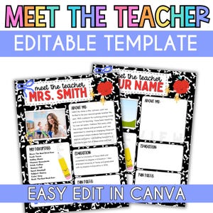 Puede incluir: Dos plantillas editables Meet the Teacher con un fondo de patrón de cuaderno de composición en blanco y negro. Los diseños incluyen secciones para About Me, Education y Fun Facts, decoradas con un gráfico de manzana roja y lápiz amarillo.