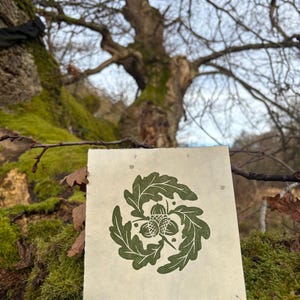 Pode incluir: Uma impress&atilde;o verde e branca de uma coroa de folhas de carvalho com tr&ecirc;s bolotas no centro. A impress&atilde;o est&aacute; em um peda&ccedil;o de papel com uma textura &aacute;spera.