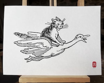 Flying Cat Lino Print