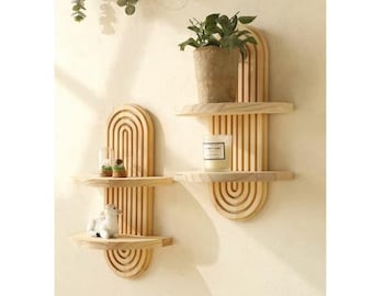 Gebogen houten wandplank set, boho zwevende plank, Japandi wanddecoratie, plant displayplank, minimalistische kinderkameropslag