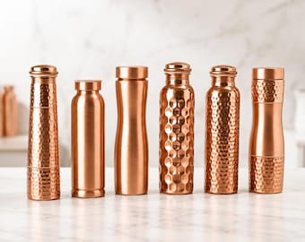 Pure Copper Water Bottle - Handcrafted Hammered Copper Bottle, Ayurvedic Style Drinkware, Luxury Gift Box, Wellness Gift for Men & Women