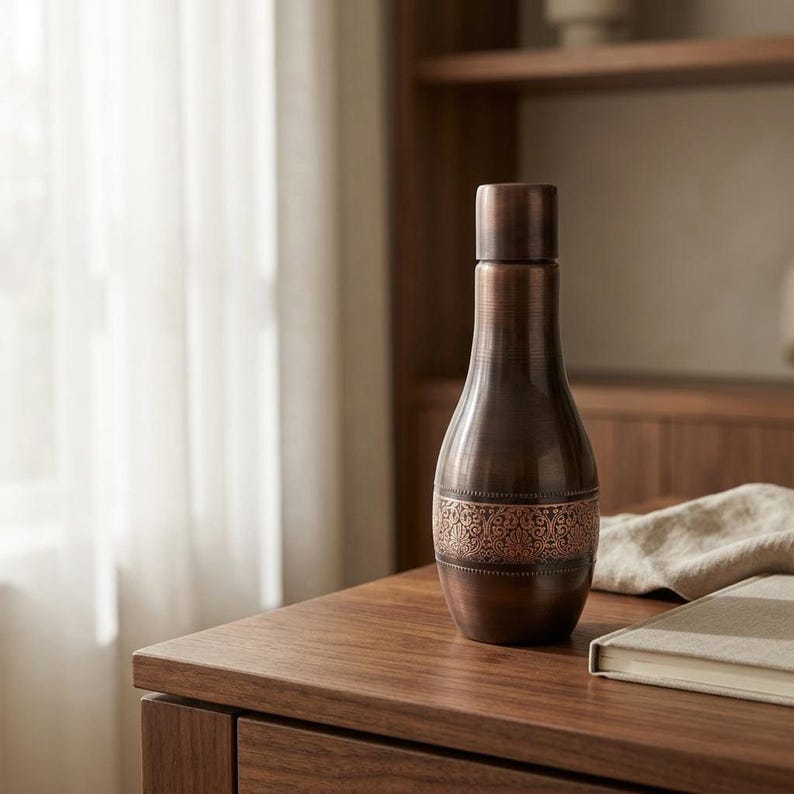 A dark copper bottle with an ornate band sits on a wooden table next to a white book and a light-colored cloth.