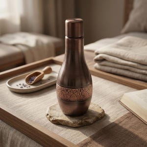 A dark copper bottle with an ornate band sits on a round stone coaster on a wooden tray, with a small wooden scoop of lavender and a book nearby.